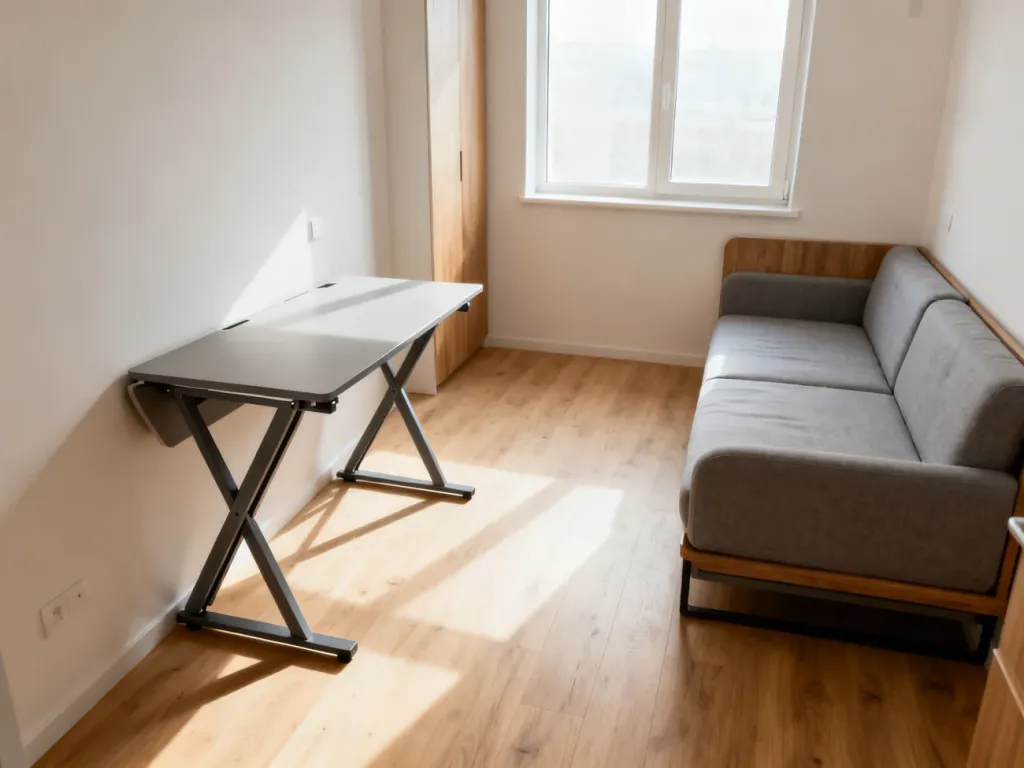 Jasne, minimalistyczne studio z wielofunkcyjną sofą i składanym biurkiem, które optymalnie wykorzystują przestrzeń.