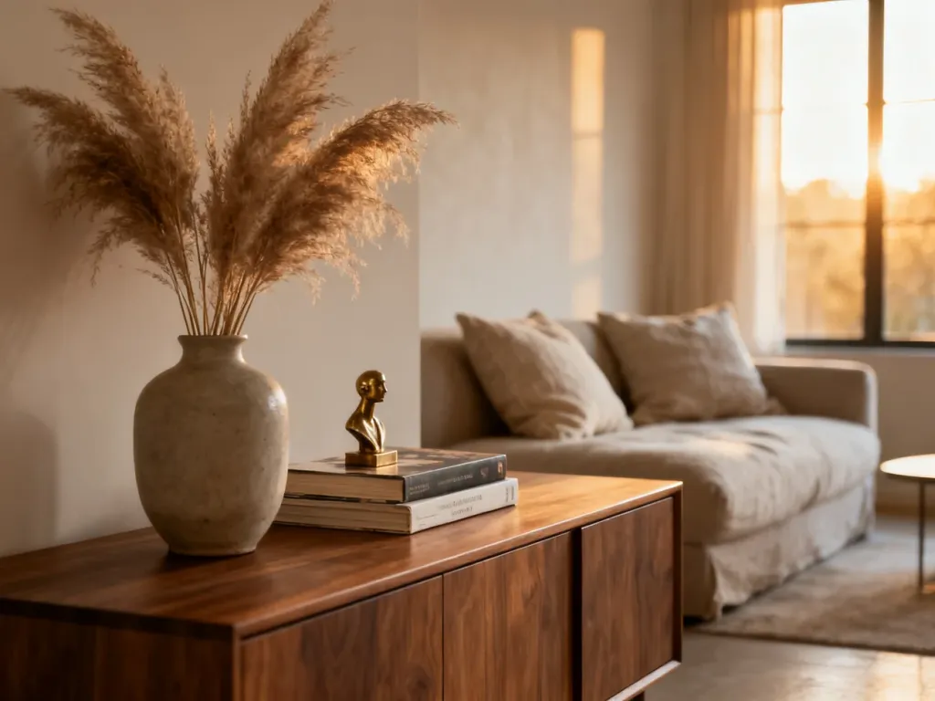 Minimalistyczna komoda w salonie ozdobiona wazonem z trawą pampasową, książkami i mosiężną rzeźbą w ciepłym świetle.